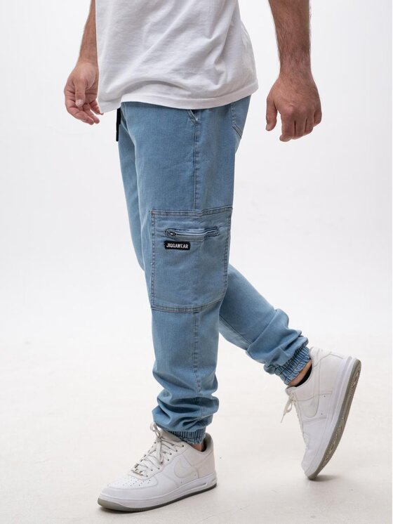Jigga Wear Jigga Wear Jeansy Spodnie Jeansowe Jogger Bojówki Męskie Jasne Niebieskie Jigga Wear Stripe Zip Cargo L Niebieski Regular Fit