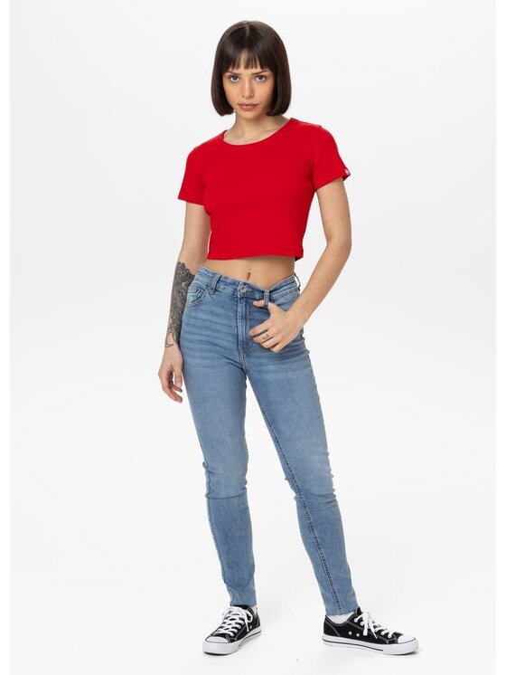 PITBULL PITBULL T-Shirt Koszulka damska Rib CROPPED M Czerwony Regular Fit