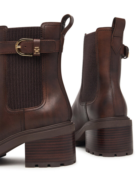 Tommy Hilfiger Tommy Hilfiger Botki Block Heel Buckled Chelsea Boot FW0FW09577 Brązowy ciemny