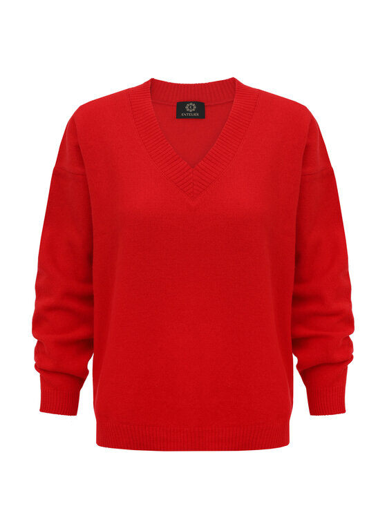 Entelier Entelier Sweter kaszmir dekolt w serek Czerwony Relaxed Fit
