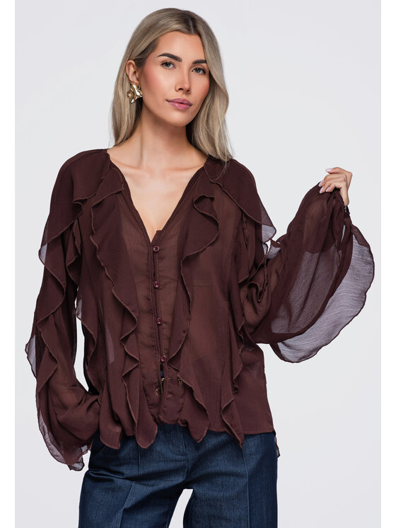 Ombre Ombre Bluzka OW-TS-E0092 Brązowy Relaxed Fit