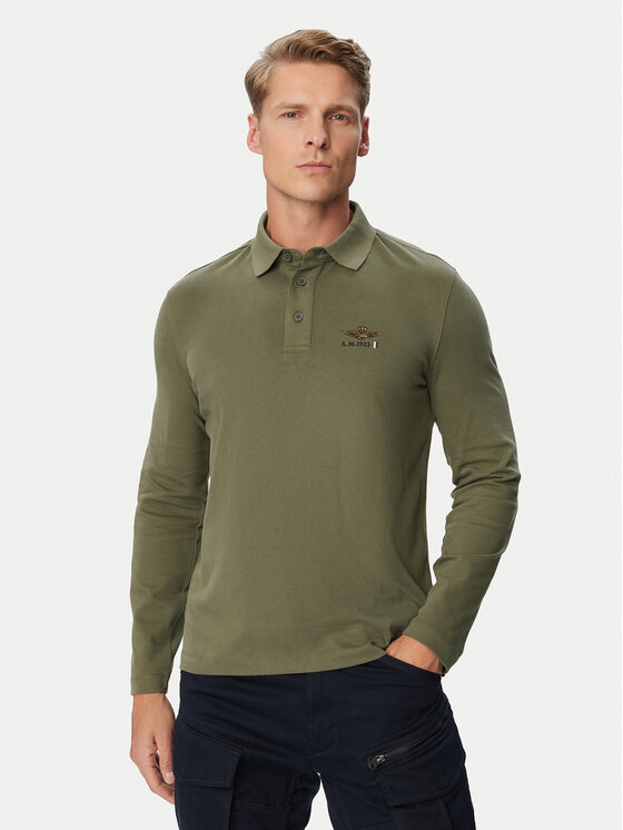 Aeronautica Militare Тениска с яка и копчета 262PO1947UJ00703 Тъмнозелен Regular Fit