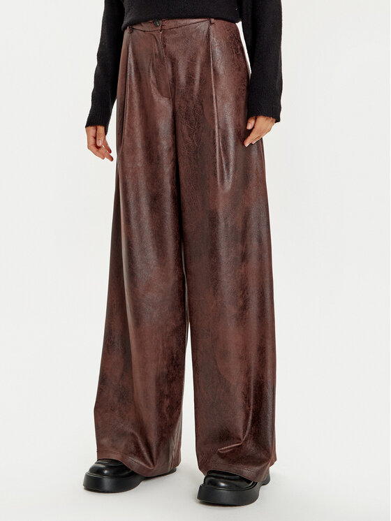 Haveone Nohavice z imitácie kože PVI-M062 Hnedá Wide Leg