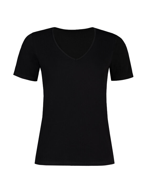 Teyli Teyli T-Shirt Koszulka bawełniana dekolt V Czarny Standard Fit