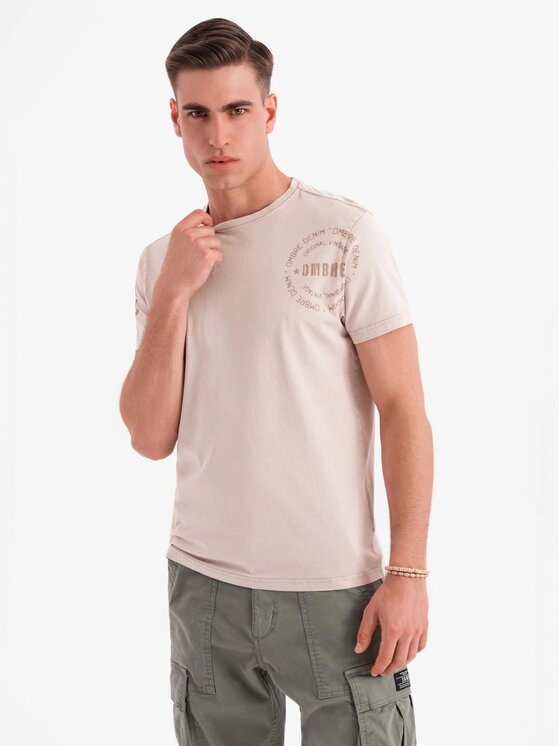Ombre Ombre T-Shirt OM-TSWT-0202 Beżowy Regular Fit