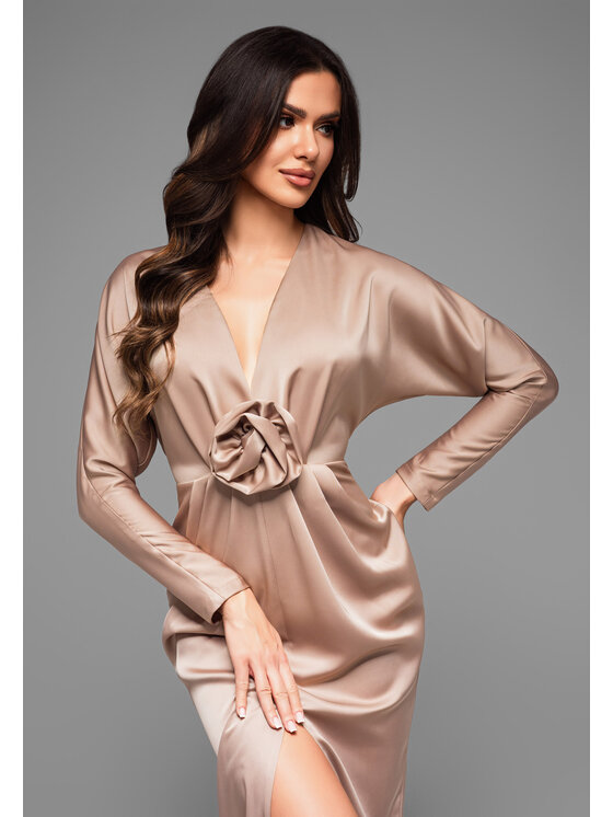 Ombre Ombre Sukienka wieczorowa LA-OM-DLR031 Beżowy Regular Fit