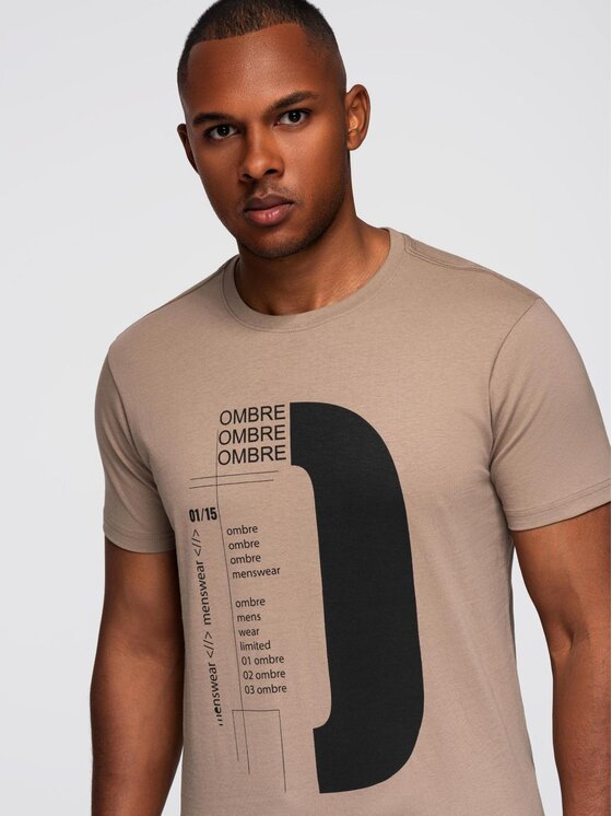 Ombre Ombre T-Shirt OM-TSPT-0166 Beżowy Regular Fit