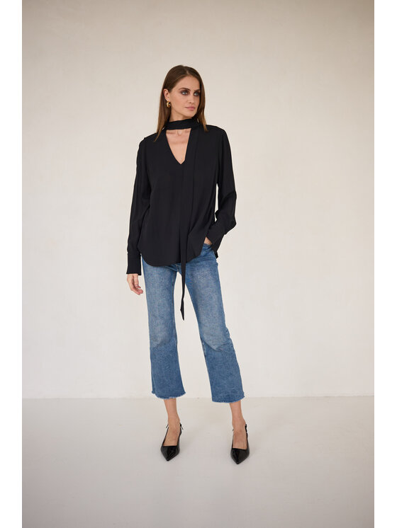 Entelier Entelier Bluzka z wiązaniem Czarny Relaxed Fit