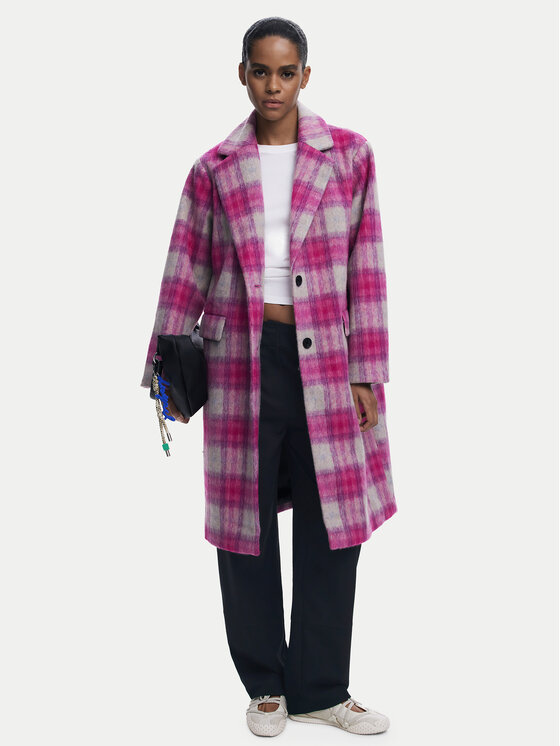 Desigual Desigual Vlněný kabát Pinkcheck 25WWEW15 Růžová Regular Fit