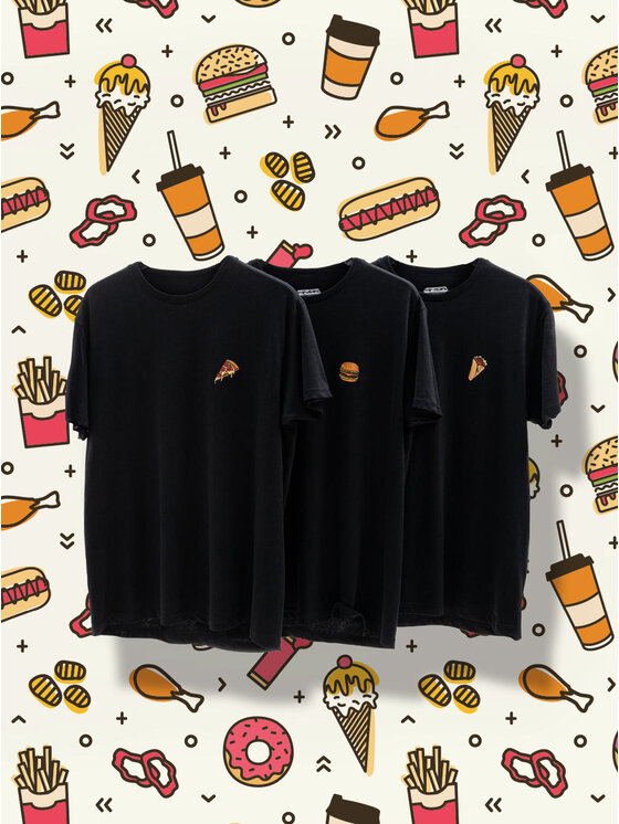 MyStars MyStars Komplet t-shirtów Zestaw 3 T-Shirtów Czarnych MyStars Fast Food kebab pizza burger tortilla L Czarny Regular Fit