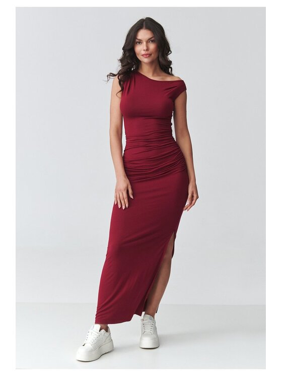 Makadamia Makadamia Sukienka codzienna M928 Bordowy Fitted Fit