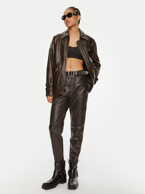 PINKO Pinko Kožne hlače Papua 103896 A21L Smeđa Relaxed Fit
