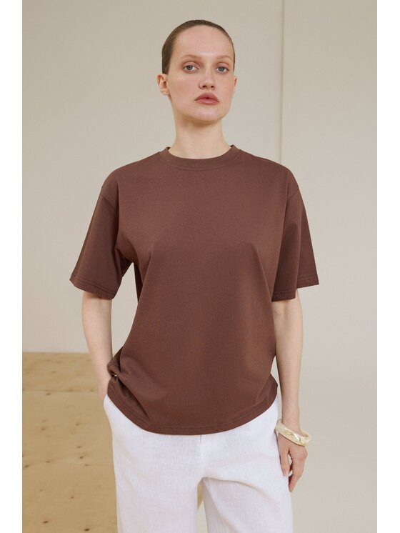 Estro Estro T-Shirt ER00119731 Brązowy ciemny Oversize