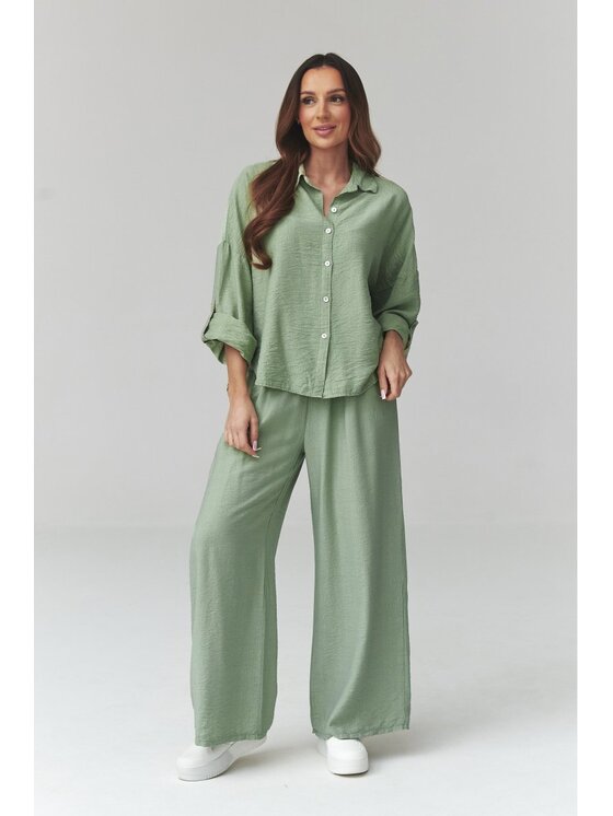 Makadamia Makadamia Komplet koszula i spodnie materiałowe C49 Zielony Loose Fit
