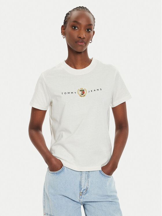Tommy Jeans Tričko Crest Linear DW0DW18795 Écru Regular Fit