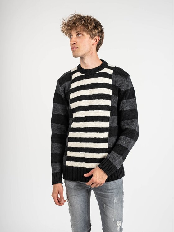 Les Hommes Les Hommes Maglione LLK113-654U | Wool Stripes Round Neck Jumper Nero Regular Fit