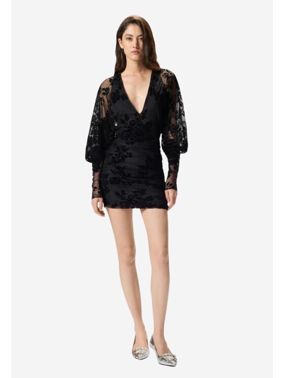 PINKO PINKO Haljina Roulette dress tulle stampa flock Crna Slim Fit