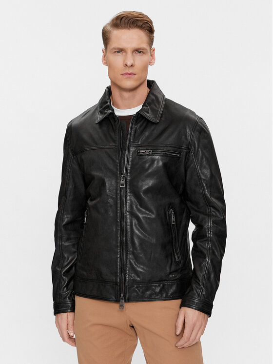 Guess Usnjena jakna Real Leather M4RL16 L0TX0 Črna Regular Fit