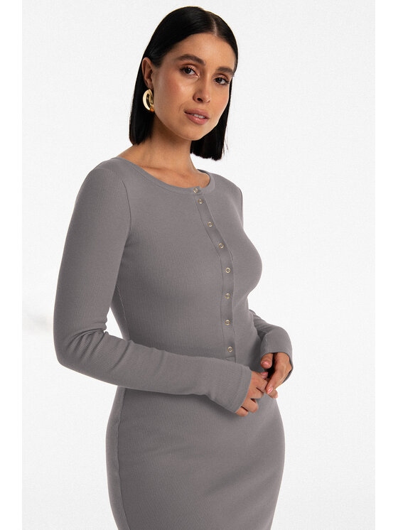 Nudyess Nudyess Úpletové šaty Isla midi z prążka Sivá Fitted Fit