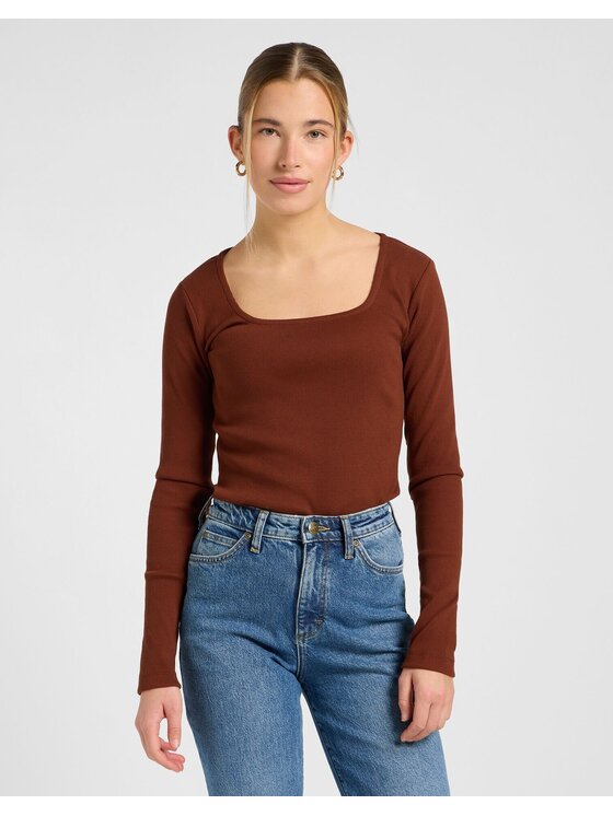 Lee Lee Sweter LS SQUARE NECK Brązowy Slim Fit