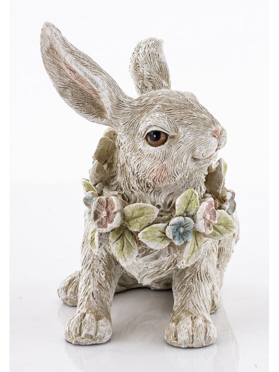 MIAhome MIAhome Figurka królik PELUCHE leżący z wiankiem kwiatów Biały