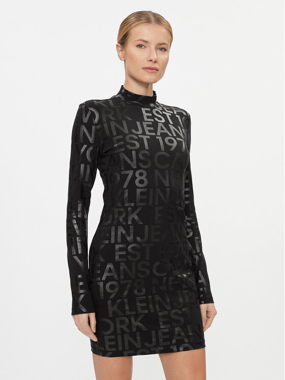 Calvin Klein Jeans Kleid für den Alltag Logo Aop Long Sleeve Dress  J20J222989 Schwarz Slim Fit