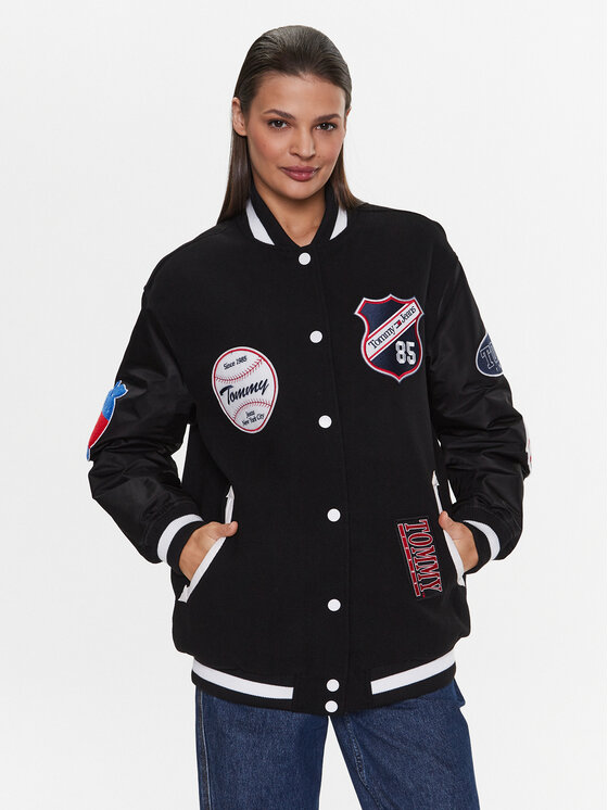 Tommy Jeans Bomber stila jaka Letterman DW0DW14940 Melns Oversize