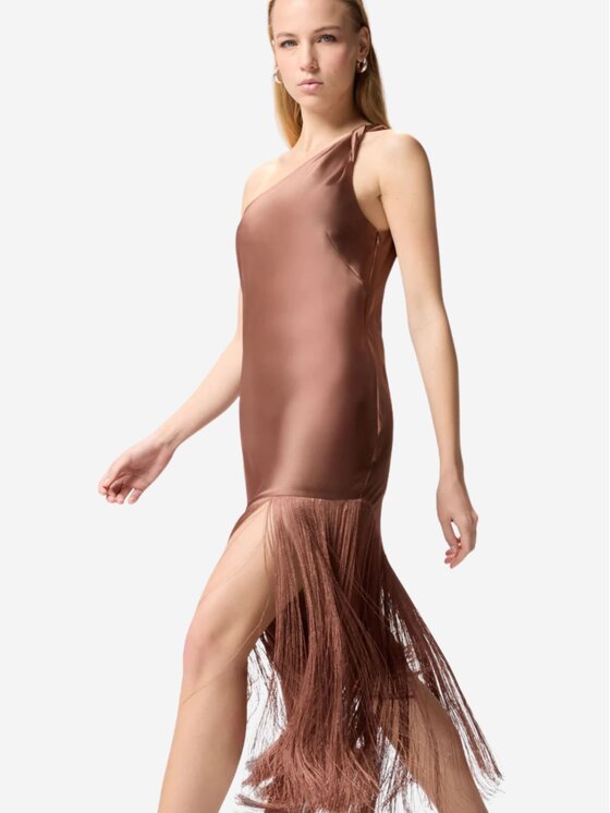 PINKO PINKO Abito da sera Abito corto monospalla in satin con frange Marrone Regular Fit