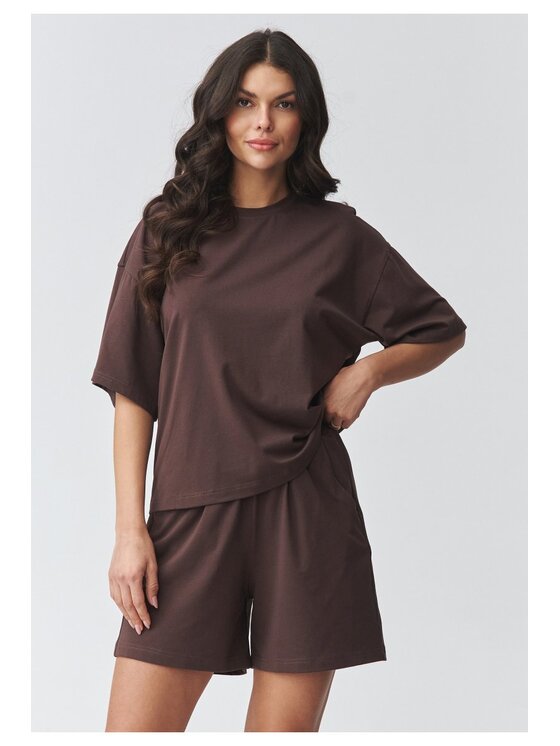 Makadamia Makadamia Komplet bluzka i szorty sportowe M935 Brązowy Loose Fit