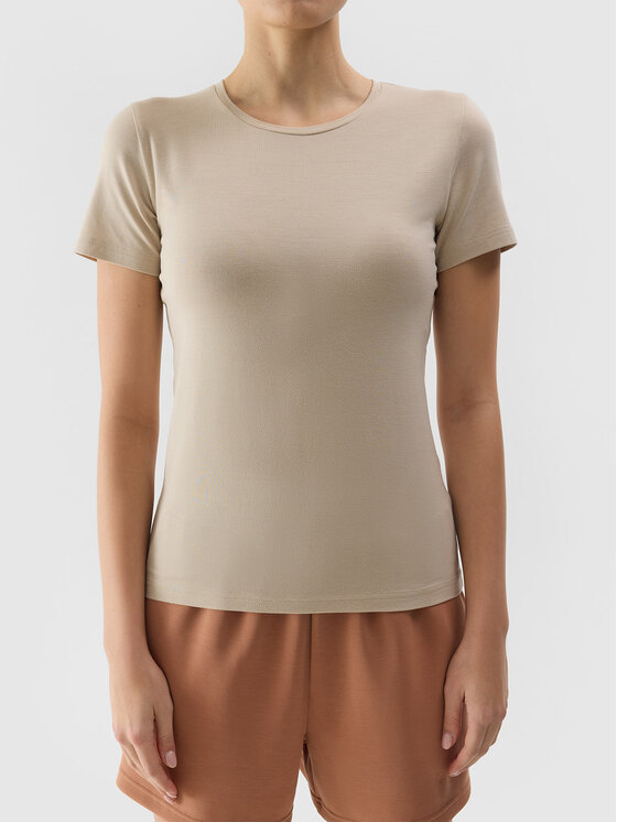 4F 4F Tričko 4FWSS24TTSHF1267-83S Hnedá Slim Fit
