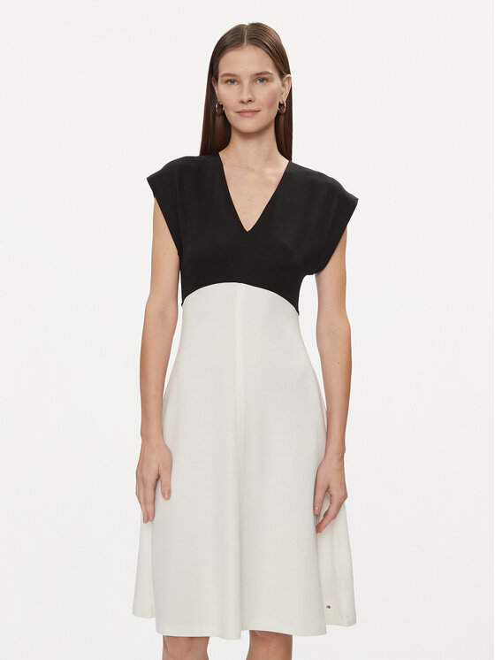 Tommy Hilfiger Tommy Hilfiger Коктейльна сукня Shiny Interlock V-Nk Ns Knee Drs WW0WW40731 Écru Slim Fit
