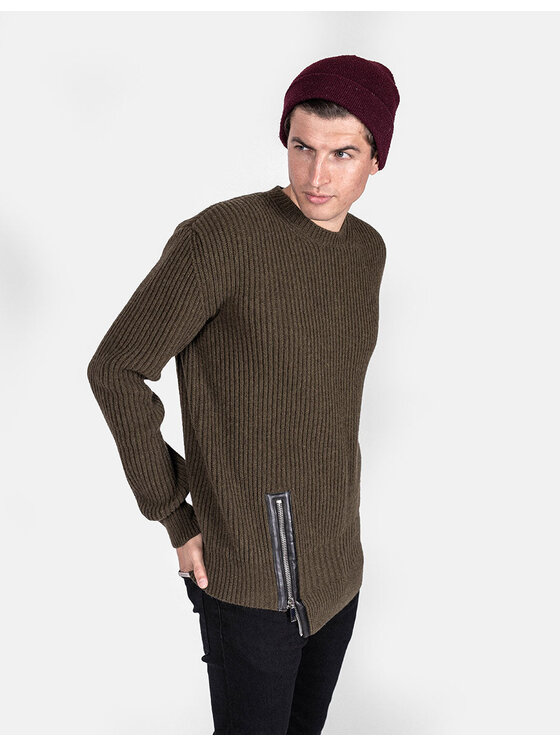 Les Hommes Les Hommes Πουλόβερ LJK106-656U | Round Neck Sweater with Asymetric Zip Χακί Regular Fit
