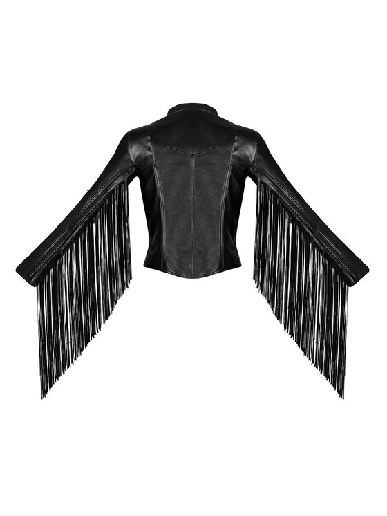 Mimika Mimika Kurtka skórzana Empire Ramoneska basic z odpinanymi frędzlami Czarny Regular Fit