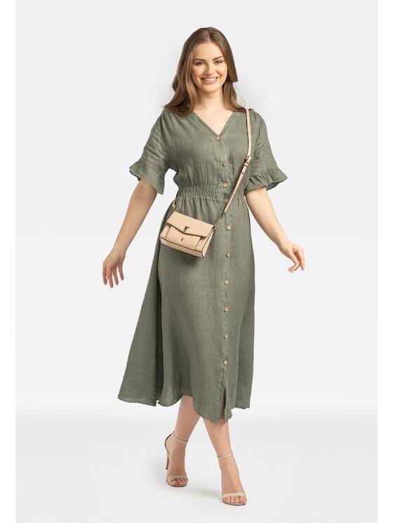 Perso Perso Sukienka codzienna lniana z guzikami Khaki Regular Fit
