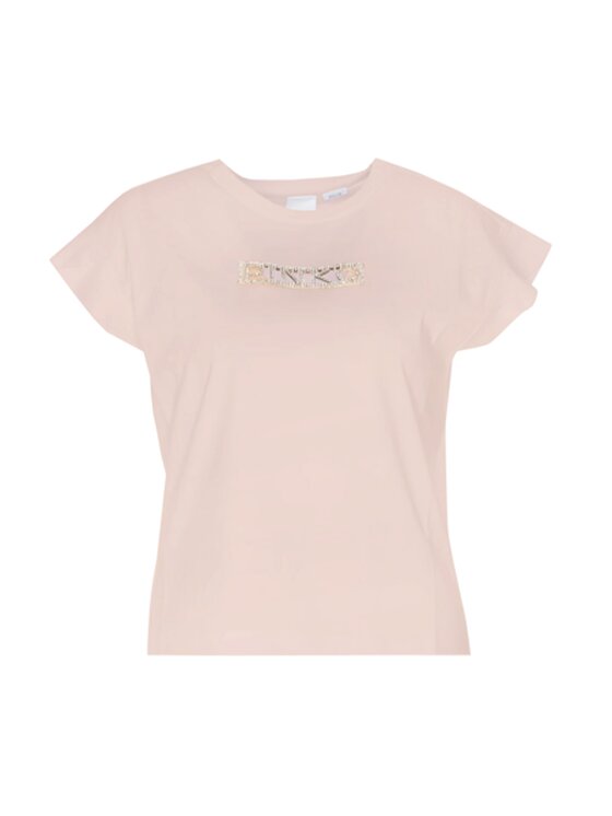Pinko Pinko T-Shirt T-SHIRT DAMSKI INTERLOCK LOGO STRASS Beżowy Regular Fit