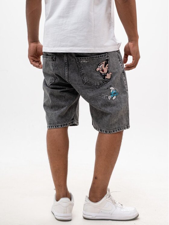 Smerfy Smerfy Szorty jeansowe Krótkie Spodenki Acid Sprane Gargamel Pocket XXL Szary Baggy Fit