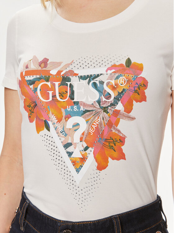 Guess Guess Tricou Ss Cn Tropical Train W4GI62 J1314 Écru Slim Fit