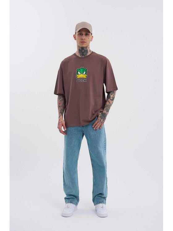 MyStars MyStars T-Shirt Koszulka Z Krótkim Rękawem Oversize Męska Ciemna Brązowa Machinist Duck Kaczka M Brązowy Oversize