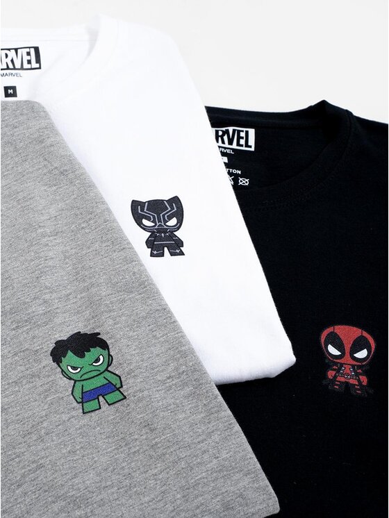 Marvel Marvel Komplet t-shirtów Zestaw 3 Koszulek Męskich Deadpool hulk panter Mini Heroes XXL Czarny Regular Fit