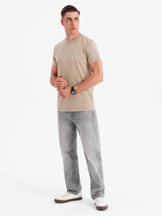 Ombre Ombre T-Shirt OM-TSWT-0201 Beżowy Regular Fit