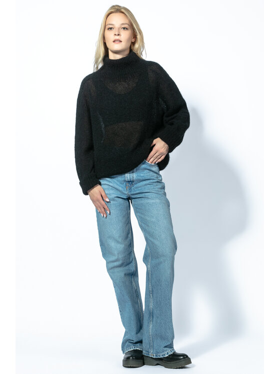 Fobya Fobya Sweter Bezszwowy sweter oversize z golfem z wywijanymi mankietami z wełny Alpaki F1750 Czarny Oversize