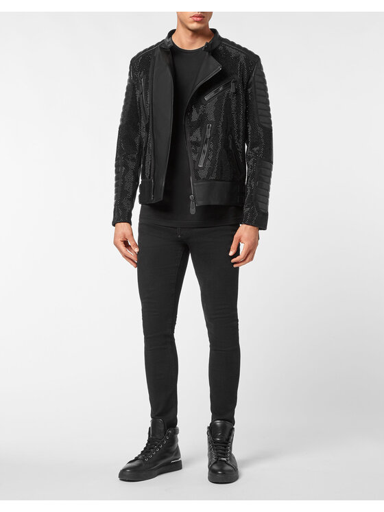 PHILIPP PLEIN PHILIPP PLEIN Kožená bunda 5627 Černá Slim Fit