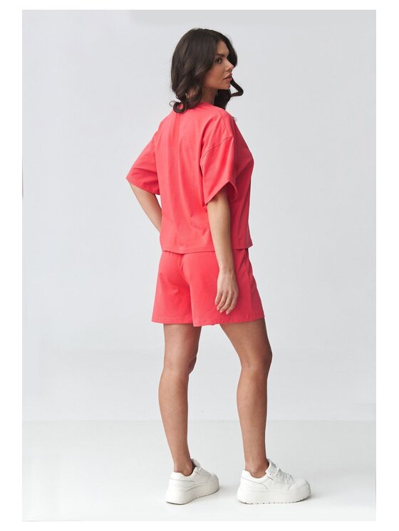 Makadamia Makadamia Komplet bluzka i szorty sportowe M935 Koralowy Loose Fit