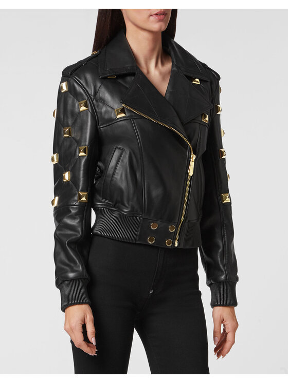 PHILIPP PLEIN PHILIPP PLEIN Kožená bunda 2219 Černá Slim Fit