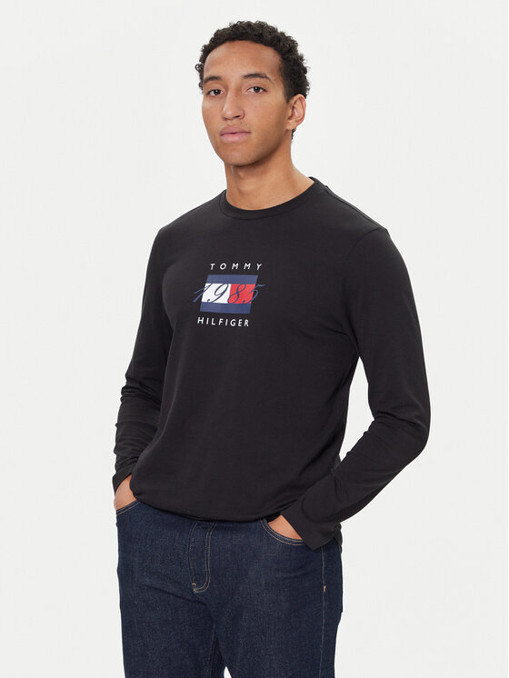 Tommy Hilfiger Tommy Hilfiger Longsleeve Linear Flag MW0MW41497 Negru Regular Fit