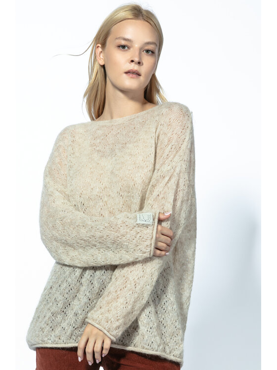 Sweter, rozmiar 36/38, Beżowy, Sweter z wełny Baby Alpaka ażurowy F1731