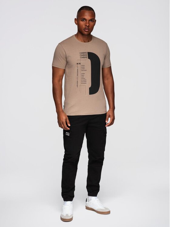 Ombre Ombre T-Shirt OM-TSPT-0166 Beżowy Regular Fit