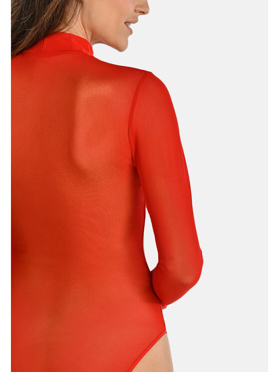Teyli Teyli Body z transparentnej siateczki z półgolfem Amy Czerwony Regular Fit