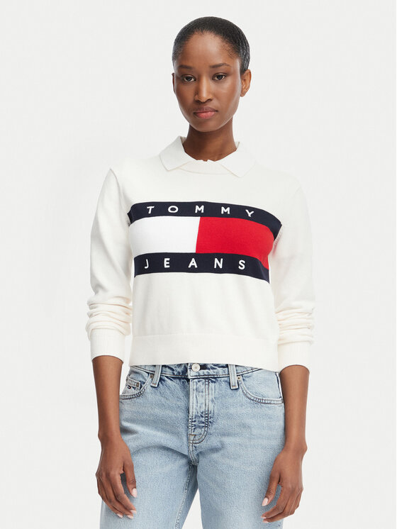 Tommy Jeans Pulover Flag DW0DW22930 Alb Regular Fit
