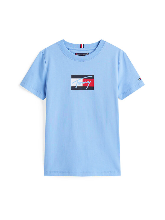 Tommy Hilfiger Tommy Hilfiger Tricou Script Flag KB0KB09725 Albastru celest Regular Fit